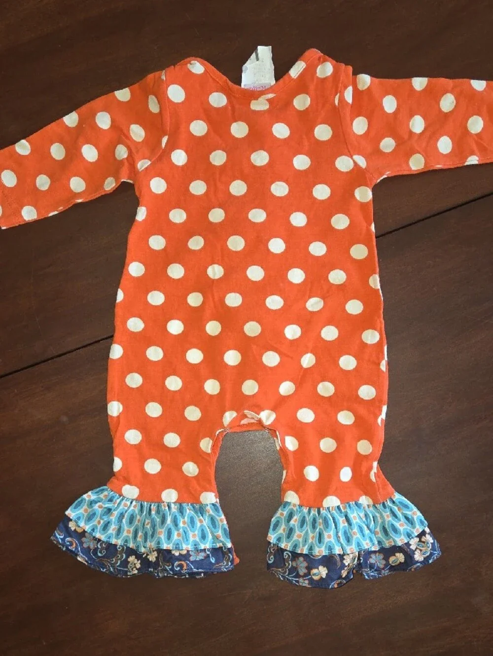 Girls Orange Polka Dot Ruffle One-Piece Bodysuit with Blue Floral Trim